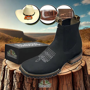 Kit Botina Brave Texana de Couro Robusto e Sofisticado + Brindes: Chapéu, Cinto e Carteira