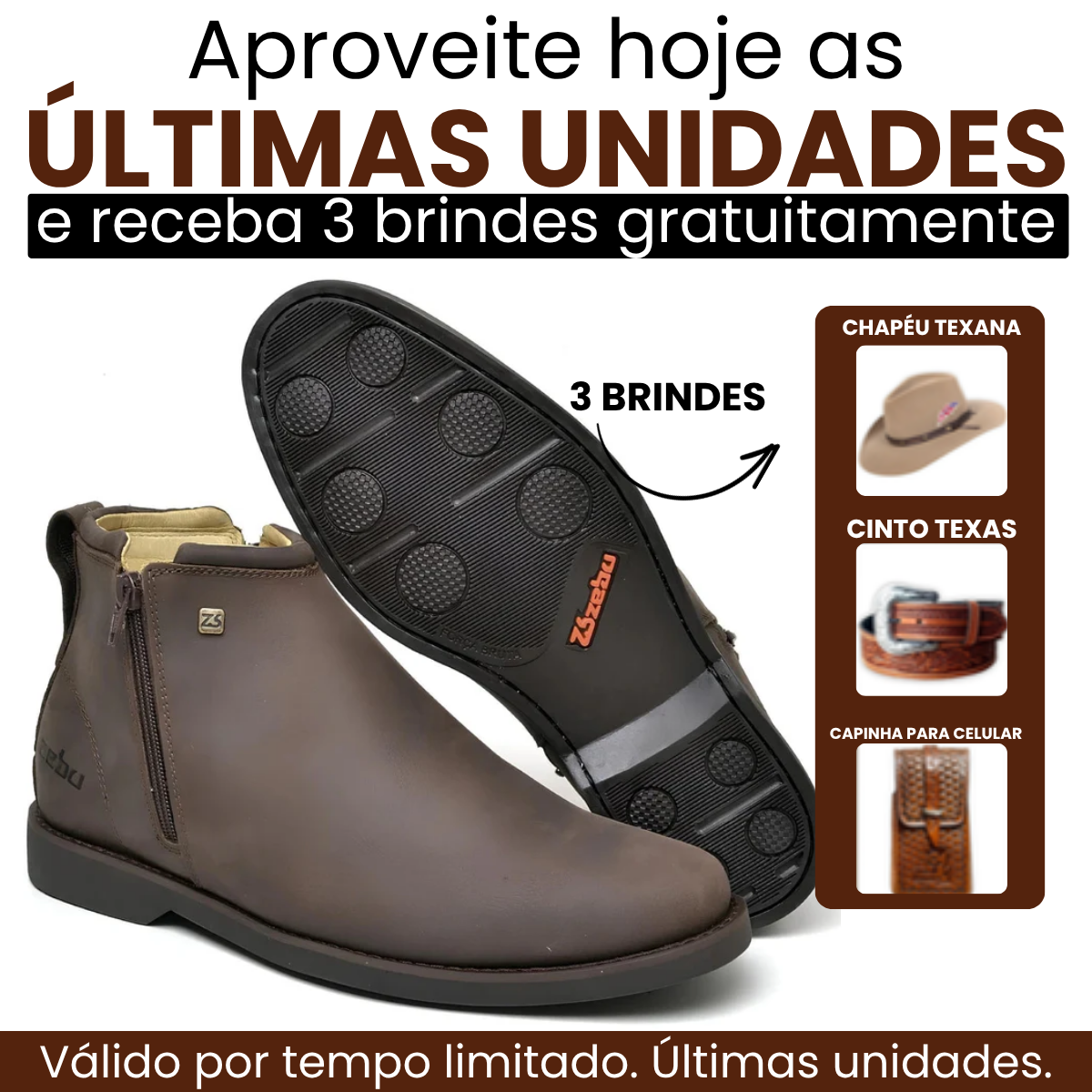 Kit Bota Zavu Casual Ortopédico Masculino de Couro Legítimo + 3 BRINDES: Cinto, Boné e Carteira